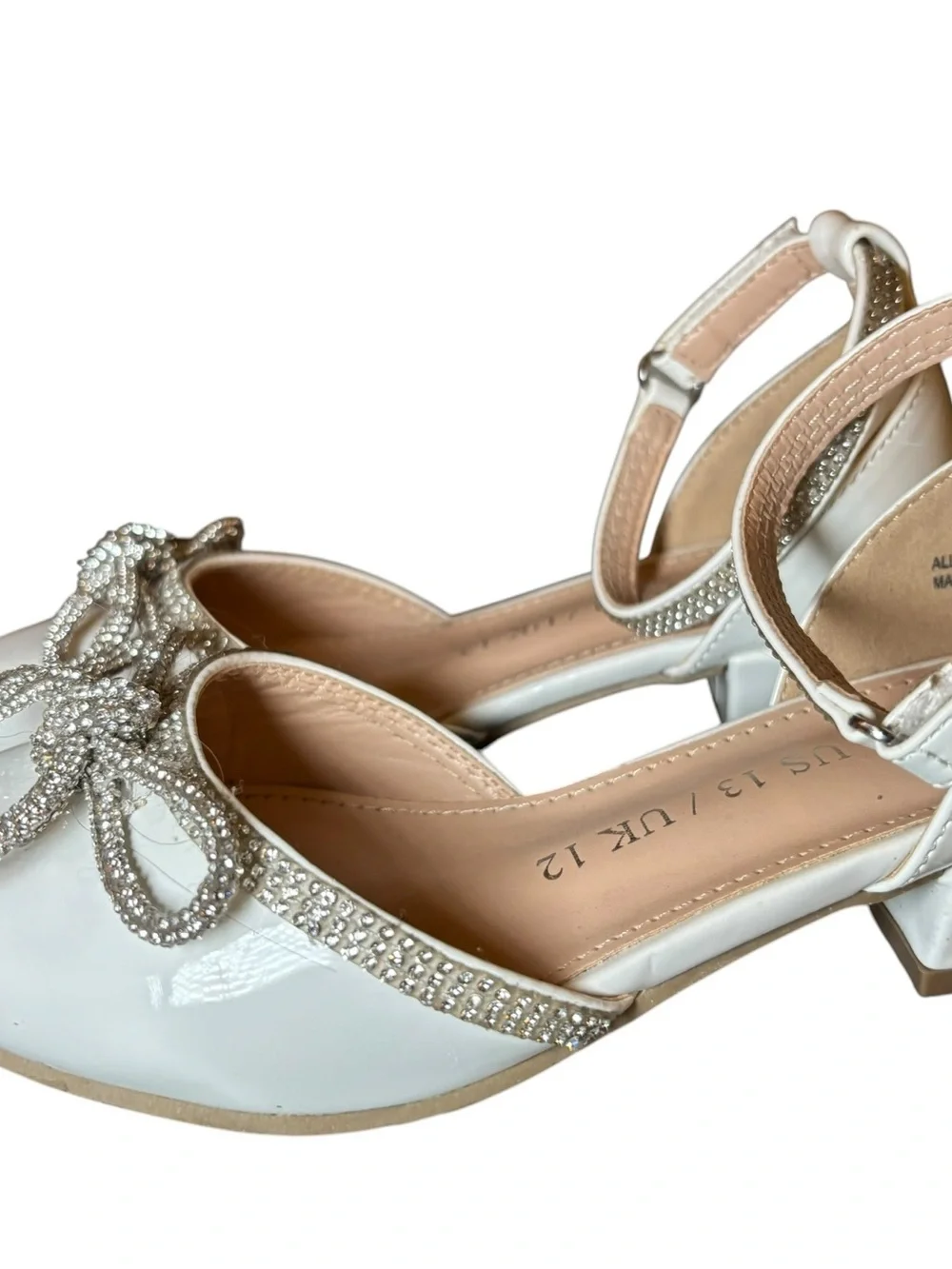 Embellished White Ankle-Strap Flats with Crystal Bow